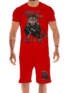 Avenue George V Paris Short Set Men's RED 2 piece set panther Rhinestone Large